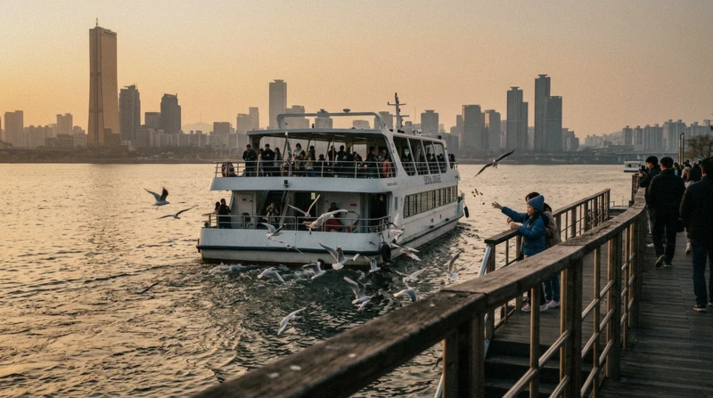E-Land sightseeing boat leaving Yeouido pier at dusk on a Han River cruise in Seoul, South Korea