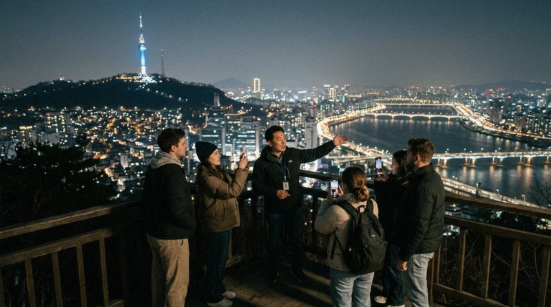 Guided group boarding an evening Han River cruise during a Seoul night food tour, South Korea