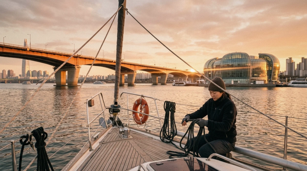 Small yacht crossing the Han River at golden hour near Banpo Bridge, an alternative to the Han River sunset cruise